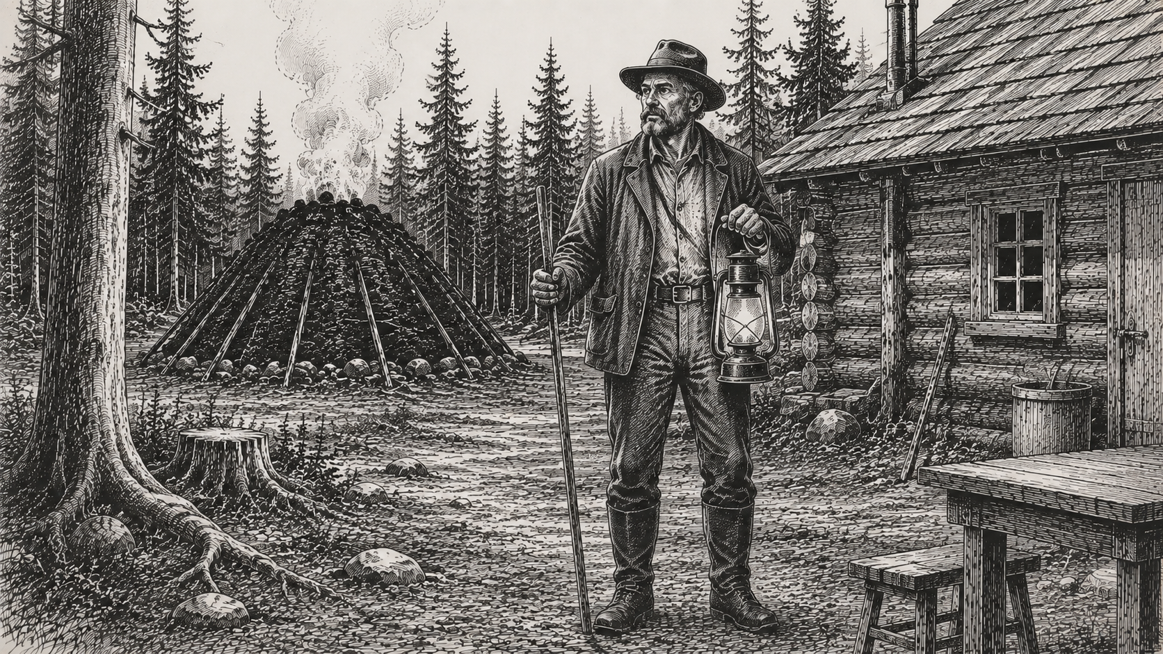 Federzeichnung: Max und Lucas am Abend vor der Holzhütte und dem Kohlenmeiler