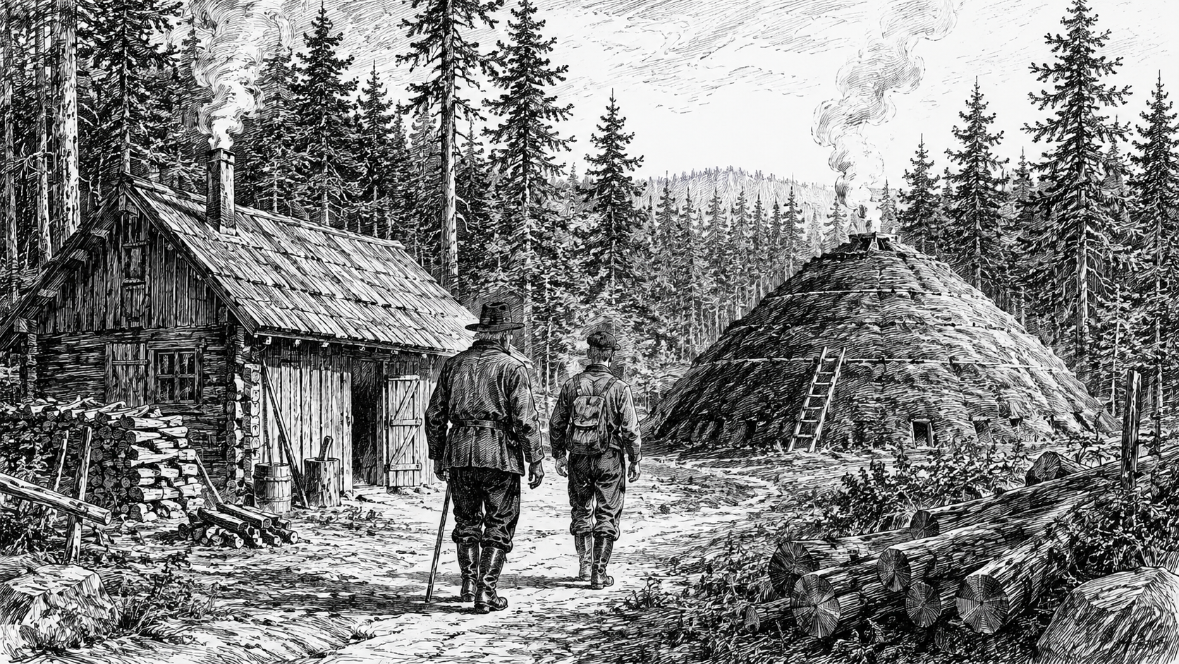 Federzeichnung: Lucas und Max gehen durch den Fichtenwald zur Holzhütte und zum Kohlemeiler